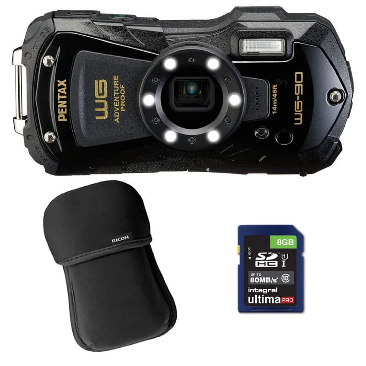 PENTAX  Compact &eacute;tanche WG-90 Noir + Etui + SD 8 Go
