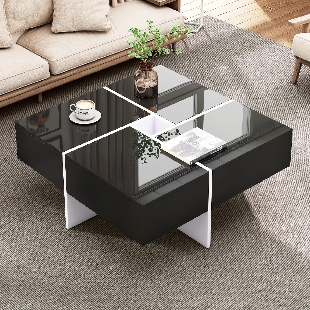 Comparer les prix de Roomfitters Table basse brillante 70x70x35 cm, 4 niches, design élégant noir et blanc, Noir+Blanc