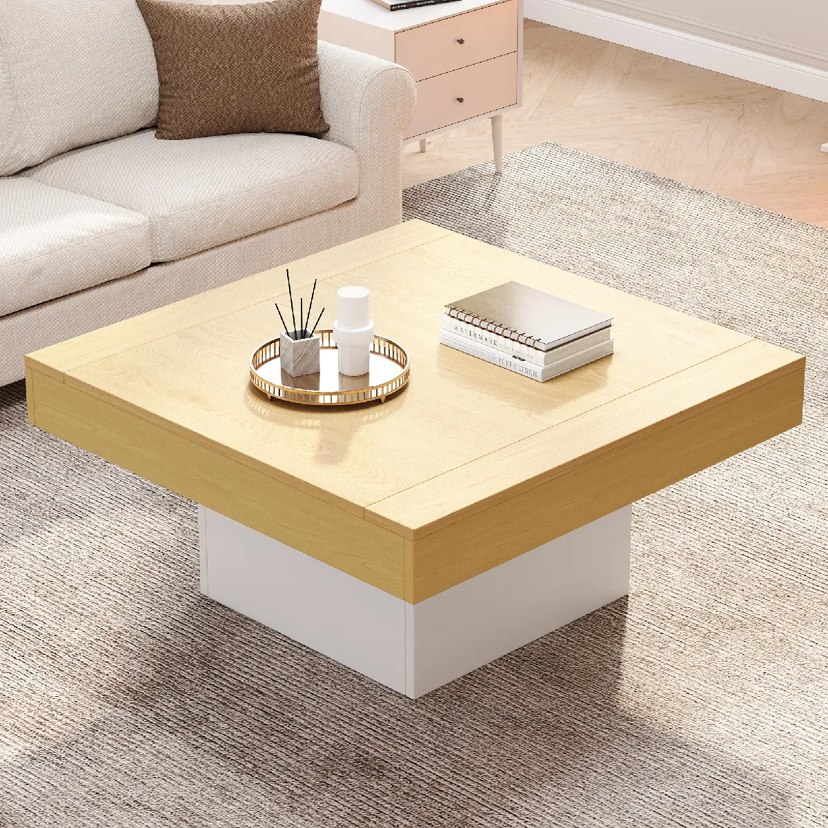 Comparer les prix de Roomfitters Table basse créative en forme de champignon 70x70x40 cm, carrée avec rangement, Blanc+Chêne