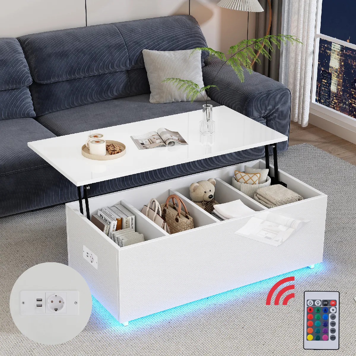 Comparer les prix de Roomfitters Table basse blanche brillante, rangement caché, relevable hydraulique, design moderne 100x50x35 cm, Blanc