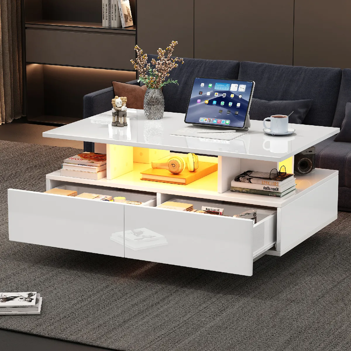 Comparer les prix de Roomfitters Table basse brillante 90x55x41 cm, avec éclairage et niches, design élégant avec rangement intégré, Blanc