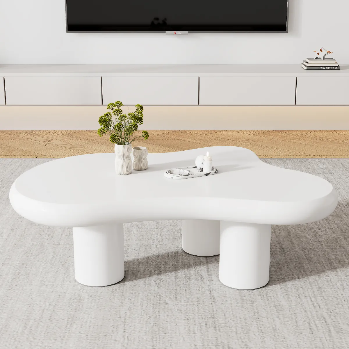 Comparer les prix de Roomfitters Table basse nuage irrégulière 97x67x32 cm, plateau MDF laqué avec feutrine, design créatif, Blanc