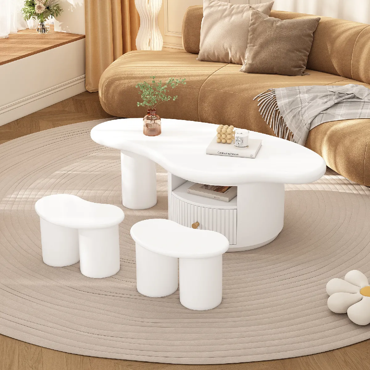 Meilleurs prix pour Roomfitters Table basse nuage irrégulière avec 2 tabourets, 110x60x37,5 cm, MDF, 2 niches et feutrine, Blanc
