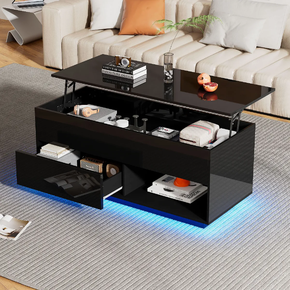 Comparer les prix de Roomfitters Table basse brillante relevable 100x50x55 cm, avec vérin hydraulique et rangement intégré, Noir