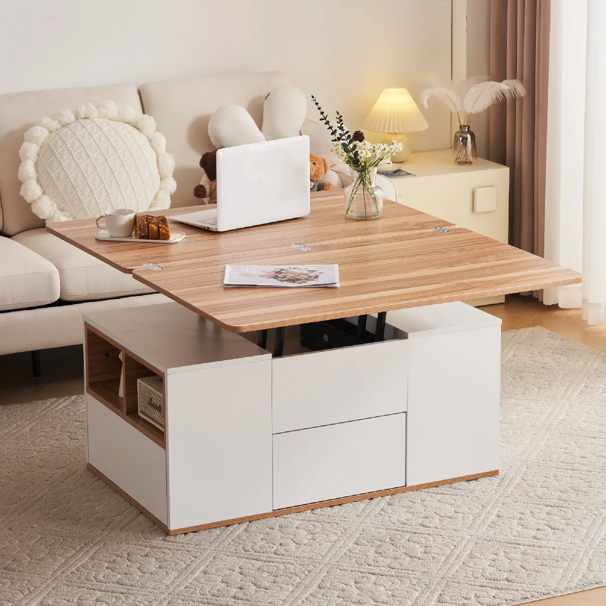 Comparer les prix de Roomfitters Table basse multifonction relevable, plateau double, grande capacité, finition Blanc+Bois naturel