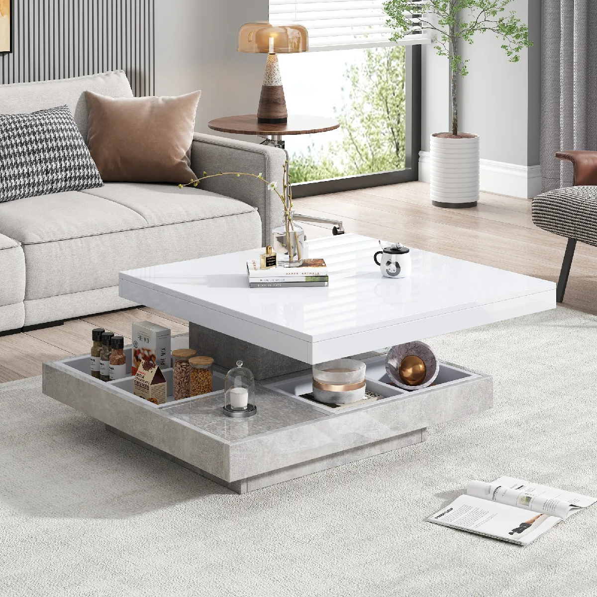 Meilleurs prix pour Roomfitters Double table basse 360° rotative, plateau effet marbre, avec compartiment intégré, Blanc+Marbre