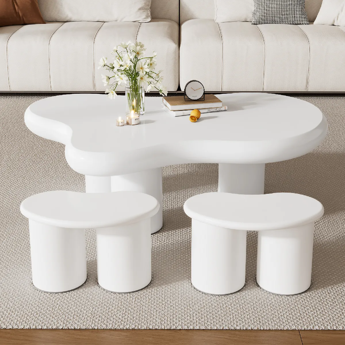 Comparer les prix de Roomfitters Table basse nuage irrégulière avec 2 tabourets, 97x67x32 cm, MDF et coussins en feutre, design créatif, Blanc