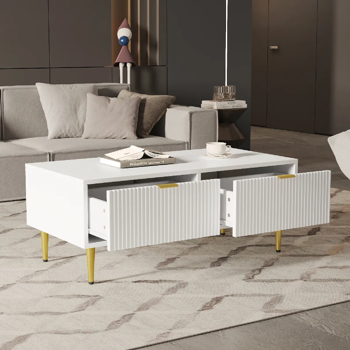 Comparer les prix de Roomfitters Table basse moderne 100x50x40 cm, accents dorés, design élégant et épuré, Blanc+Or