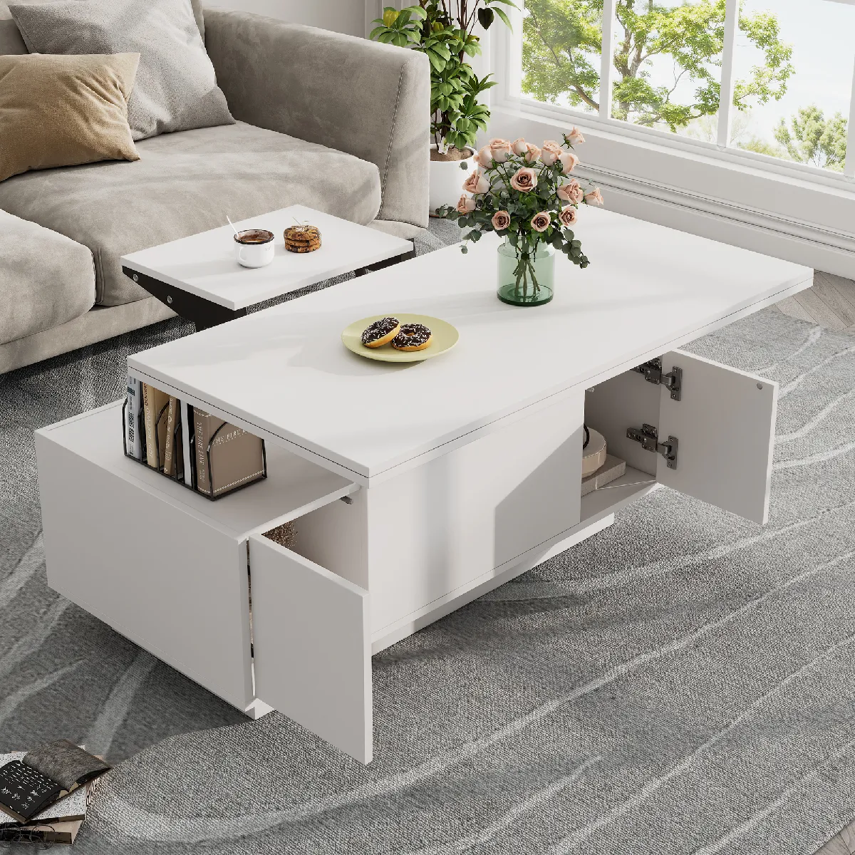 Comparer les prix de Roomfitters Table basse double levage, avec rangement caché, jusqu’à 50 kg de charge, Blanc