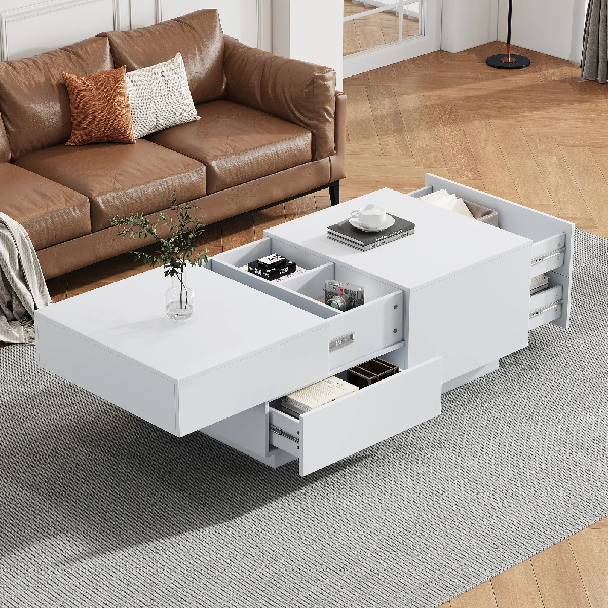 Meilleurs prix pour Roomfitters Table basse moderne 90x55x45 cm, plateau coulissant, 4 niches, design élégant pour salon, Blanc