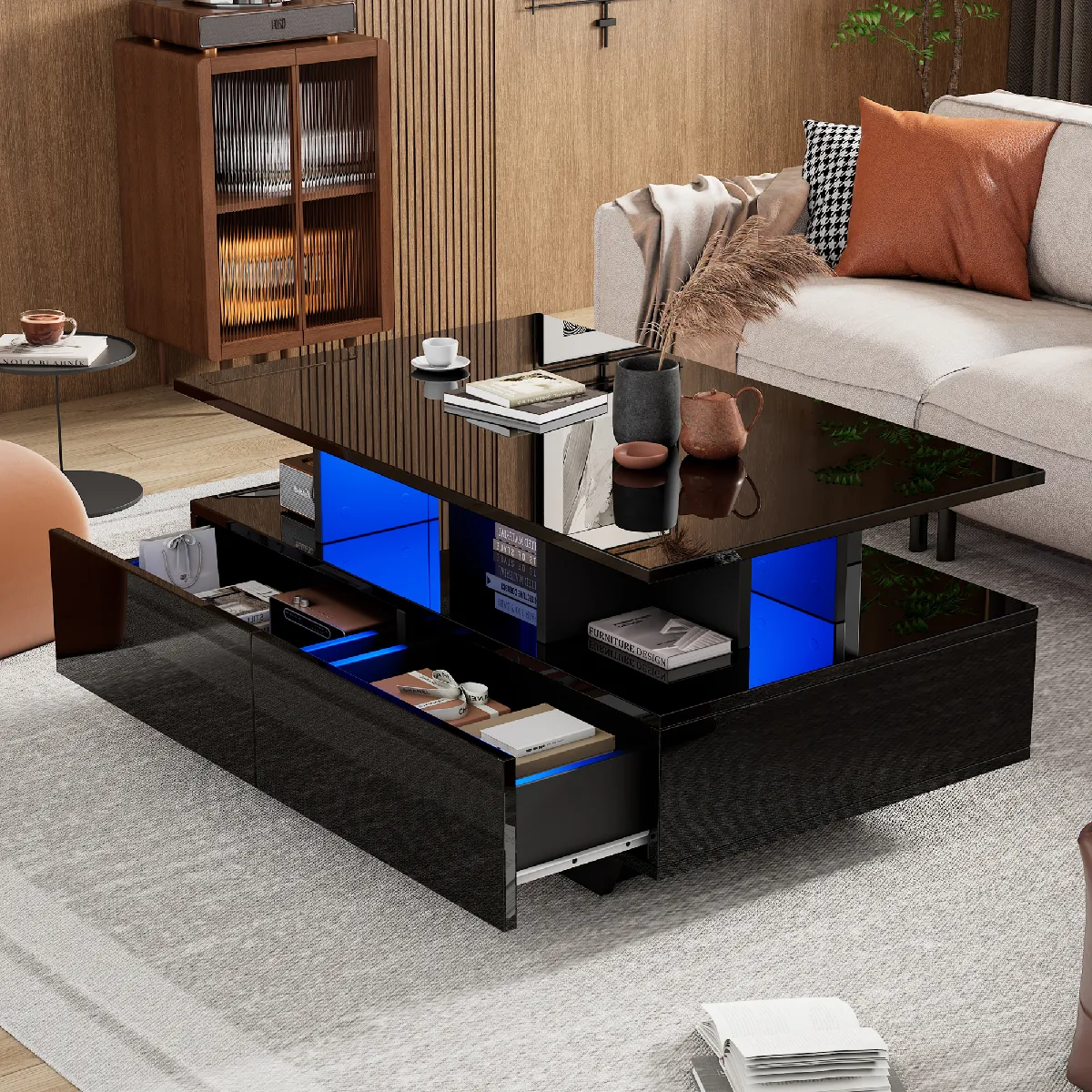 Meilleurs prix pour Roomfitters Table basse brillante 90x55x41 cm, avec éclairage et niches, design élégant avec rangement intégré, Noir