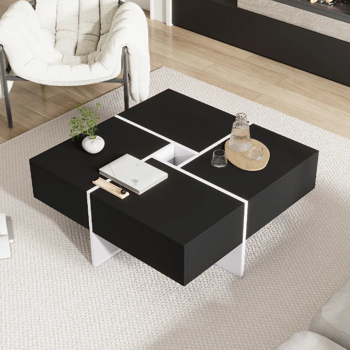 Meilleurs prix pour Roomfitters Table basse carrée moderne 70x70x35 cm, design épuré et contrasté, Noir+Blanc