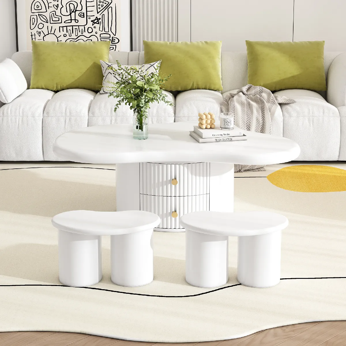 Comparer les prix de Roomfitters Table basse nuage irrégulière avec 2 tabourets, 97x67x32 cm, MDF, 2 niches et feutrine, Blanc