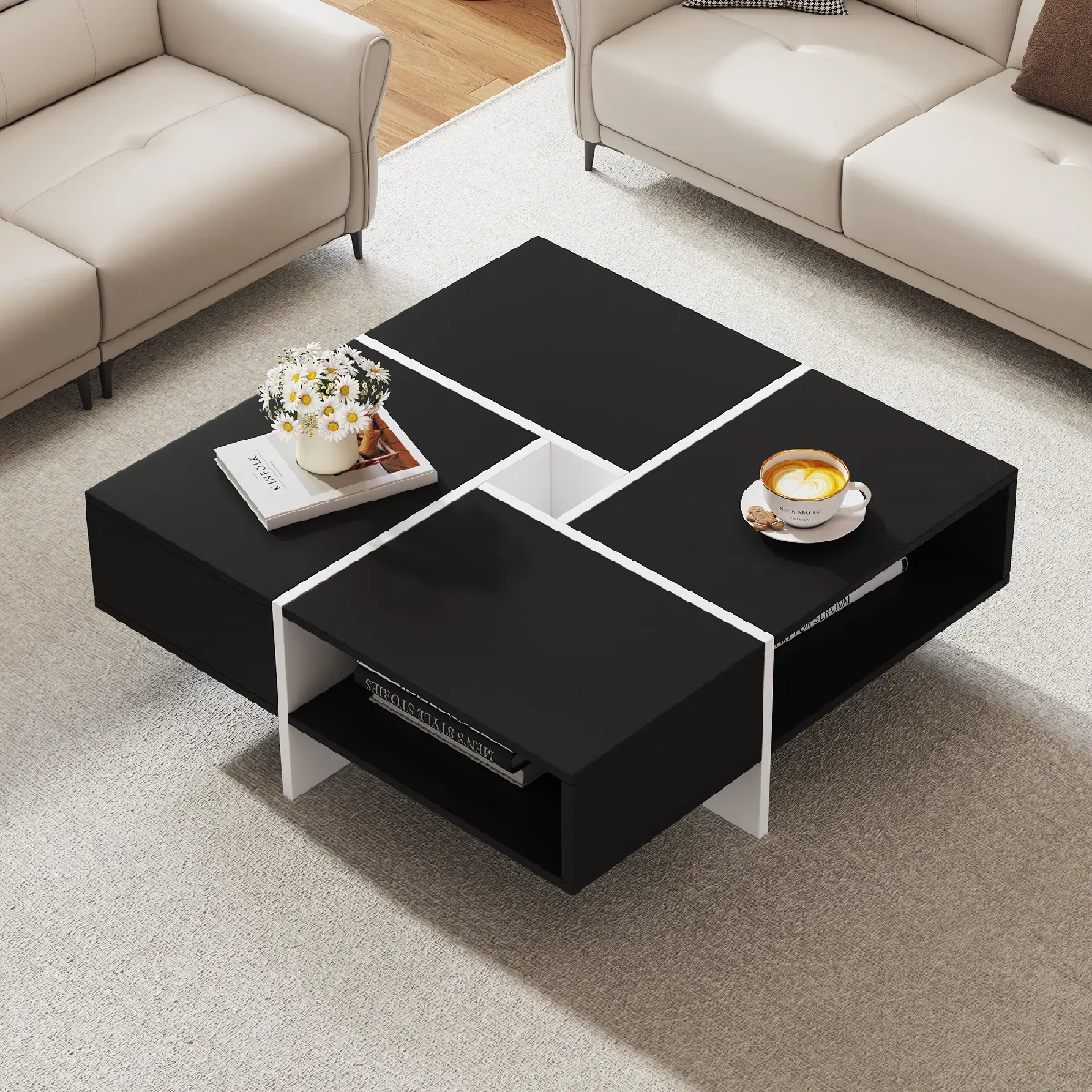 Meilleurs prix pour Roomfitters Table basse carrée 70x70x35 cm, 5 niches, design noir et blanc moderne, Blanc+Noir