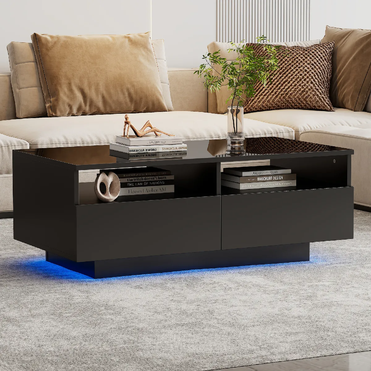 Comparer les prix de Roomfitters Table basse brillante avec 2 niches, design moderne et fonctionnel pour salon, Noir