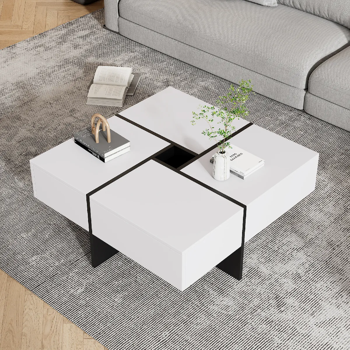 Comparer les prix de Roomfitters Table basse moderne 70x70x35 cm, compartiment 10x10 cm pour rangement, Blanc+Noir