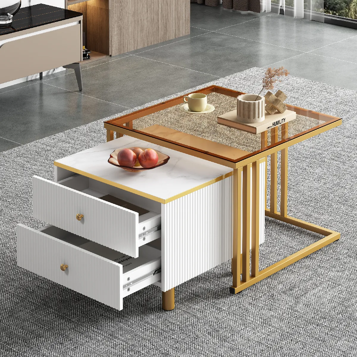 Comparer les prix de Roomfitters Lot de 2 tables carrées effet marbre, verre teinté thé, 59,5x60x45,6 et 50x50x40 cm, Blanc