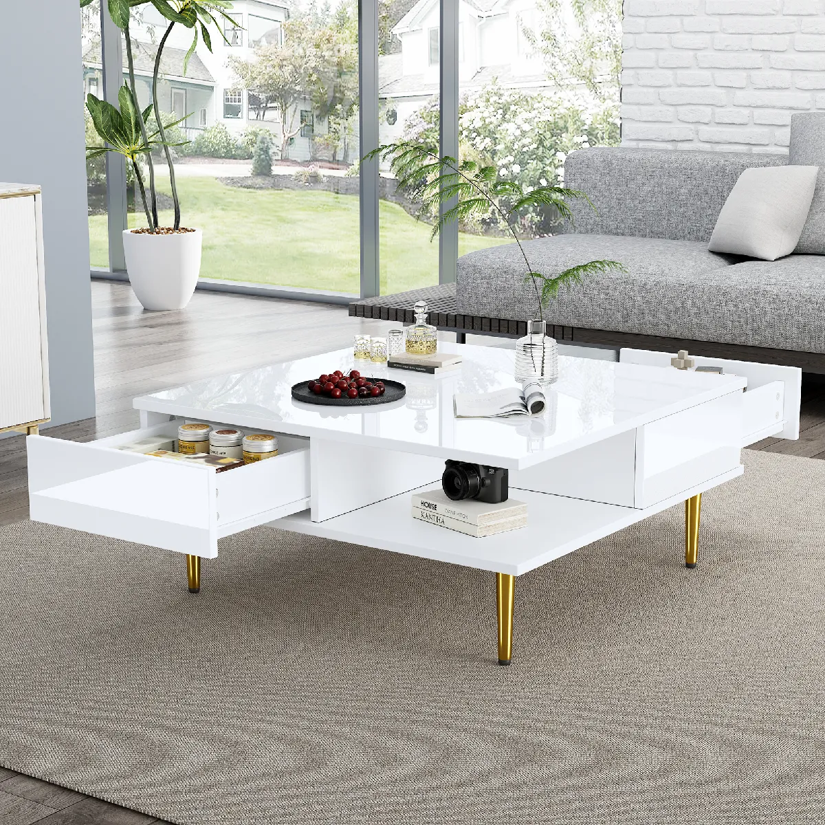 Meilleurs prix pour Roomfitters Table basse carrée 70x70x36 cm, brillante, 2 niches, pieds dorés, capacité jusqu’à 30 kg, Blanc