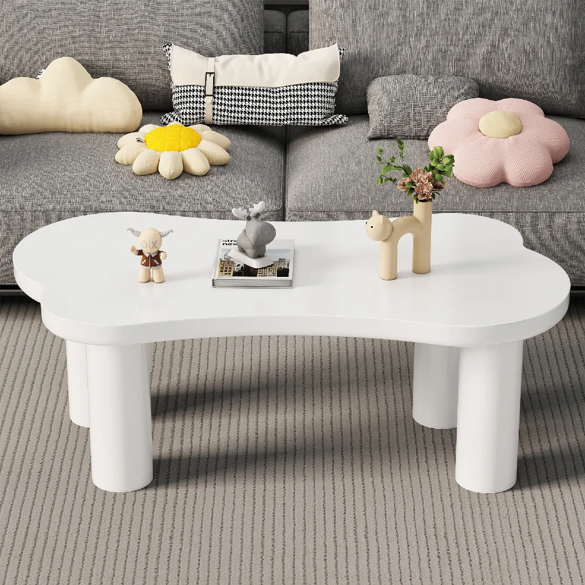 Meilleurs prix pour Roomfitters Table basse forme os 113x58x40,5 cm, plateau MDF, pieds PVC avec feutrine, Blanc