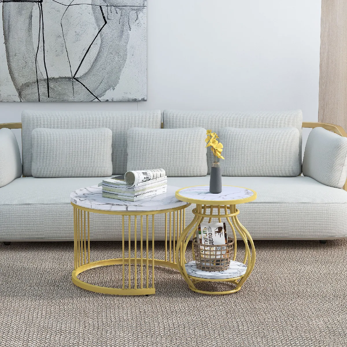 Meilleurs prix pour Roomfitters Lot de 2 tables rondes gigognes, cadre métal, plateau effet marbre, design chic pour salon, Marbre+Or