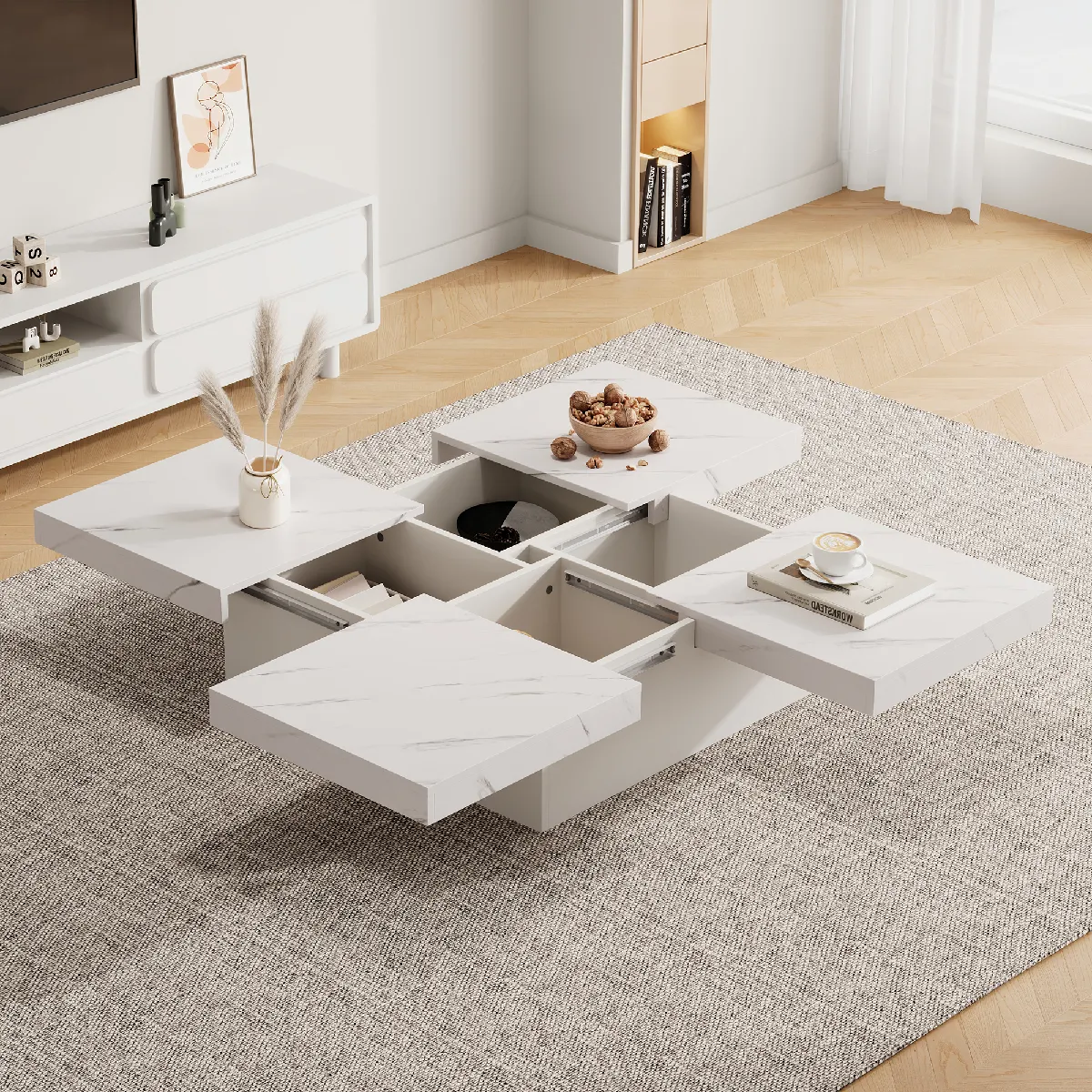 Meilleurs prix pour Roomfitters Table basse blanche 90x90x25 cm, effet marbre, 4 niches, plateau coulissant, 30 kg max, Blanc