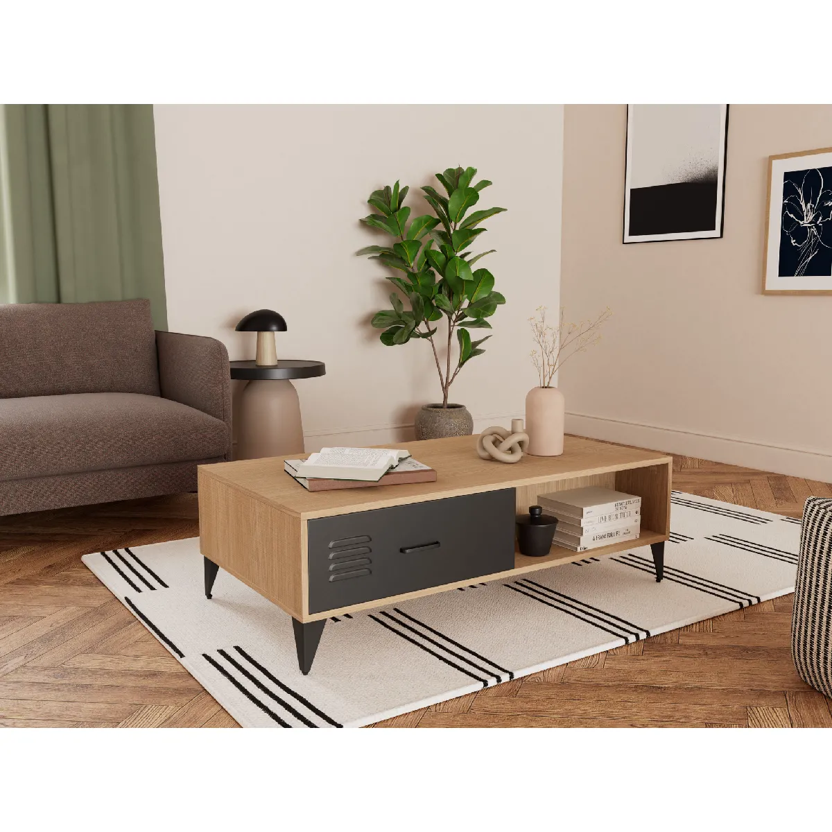 Comparer les prix de Tribeca - table basse - effet bois et métal noir - 110 cm