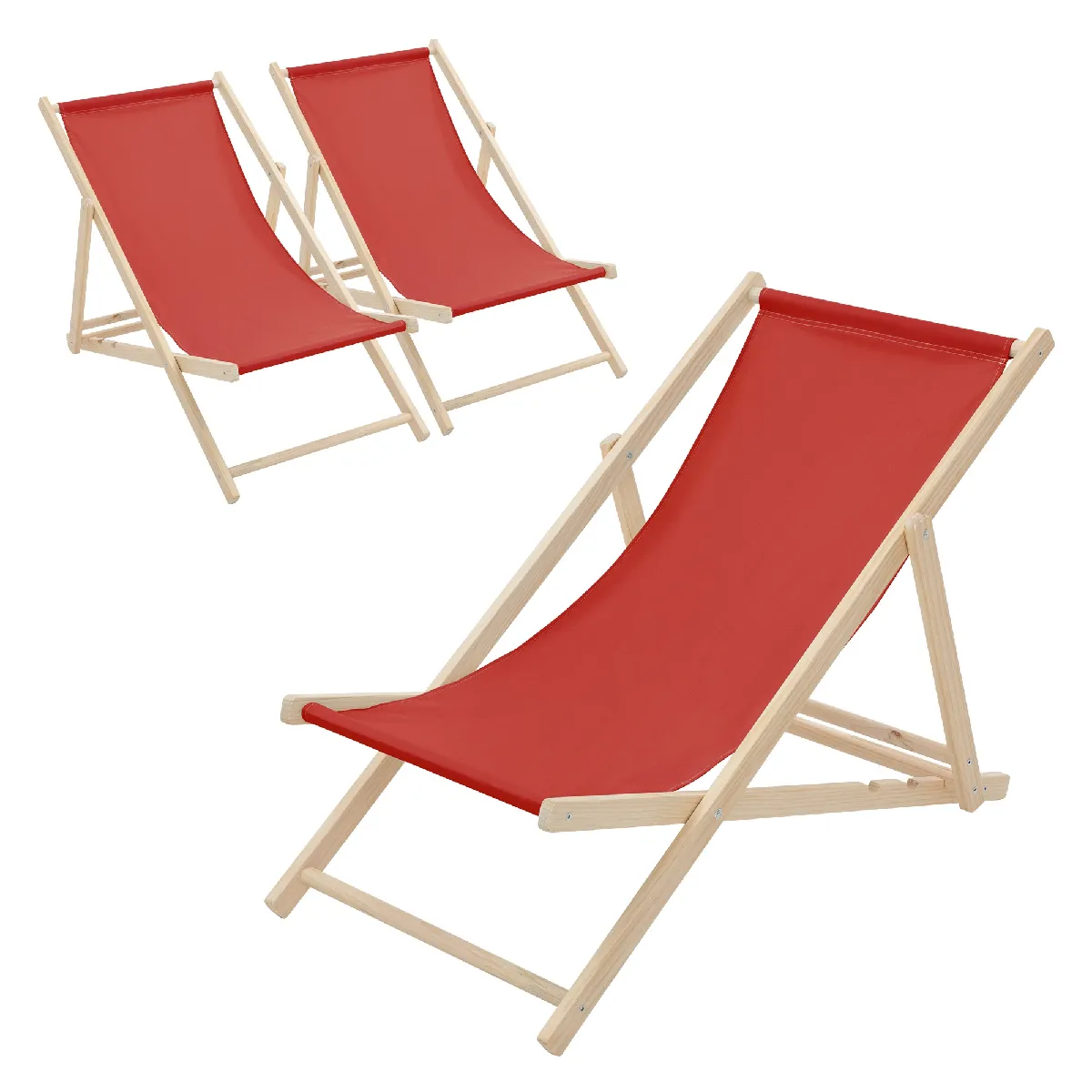 Lot de 3 chaises longue de jardin bain de soleil rouge cadre bois de pin 120 kg Lot de 3 chaises longue de jardin bain de soleil rouge cadre bois de pin 120 kg