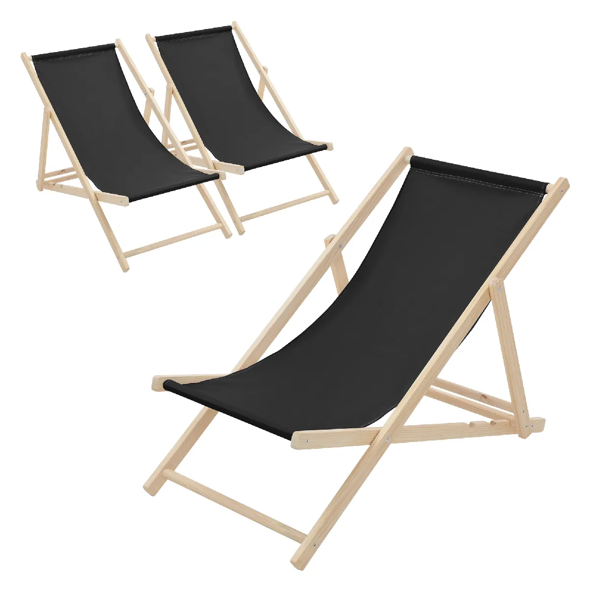 Lot de 3 chaises longue de jardin bain de soleil noir cadre bois de pin 120 kg