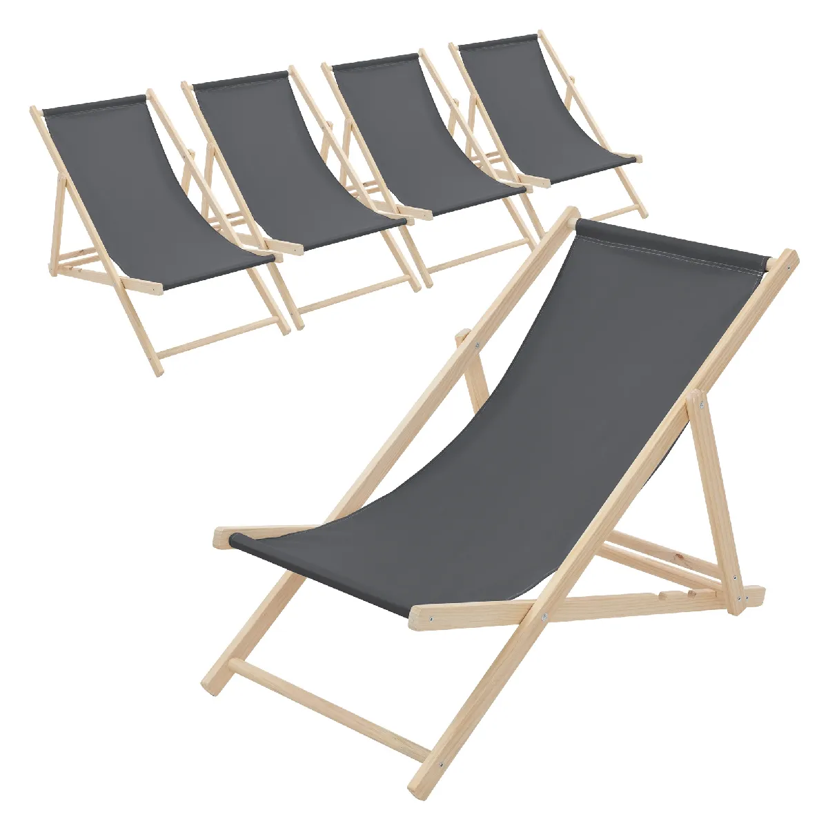 Lot de 5 chaises longue de jardin bain de soleil anthracite bois de pin 120 kg