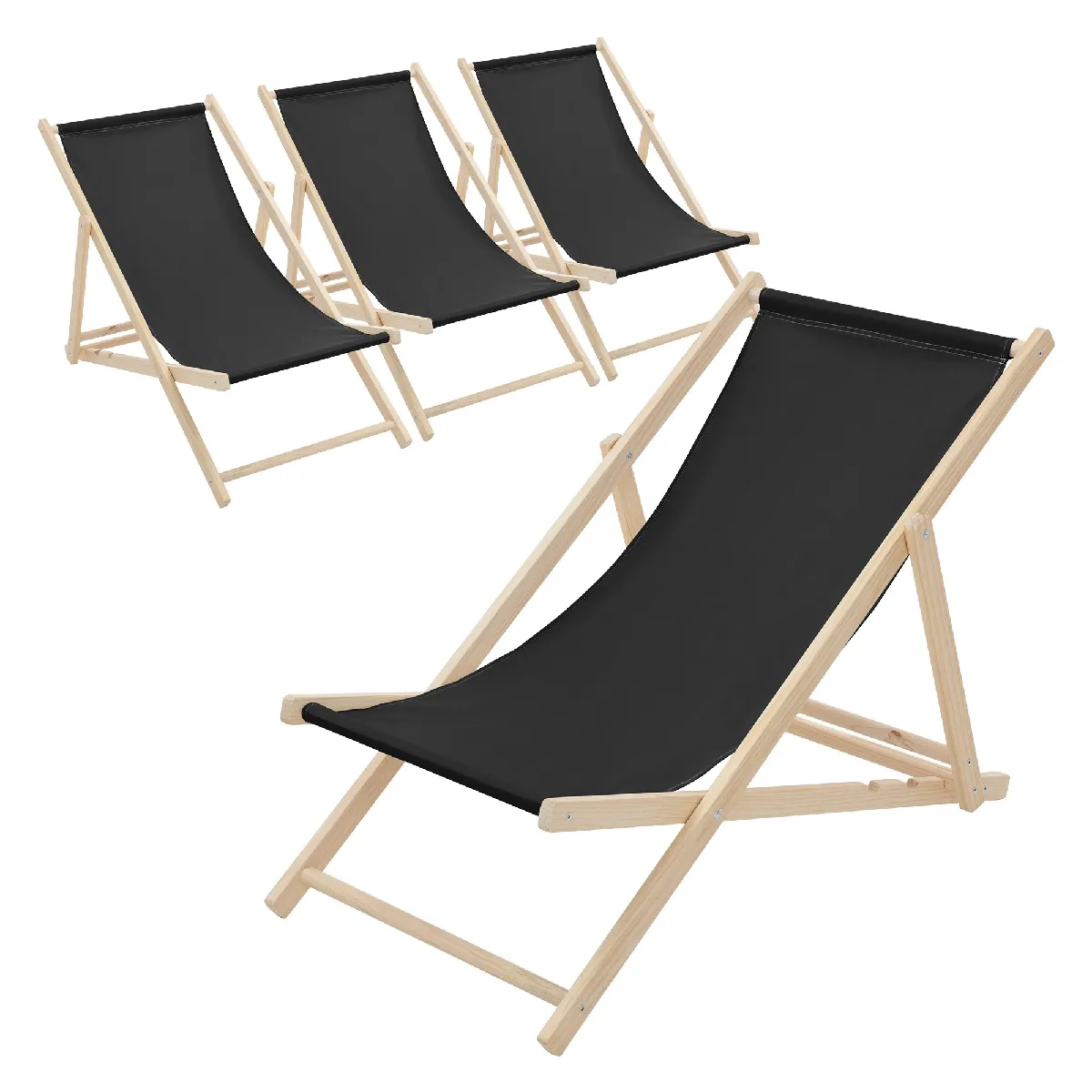 Lot de 4 chaises longue de jardin bain de soleil noir cadre bois de pin 120 kg