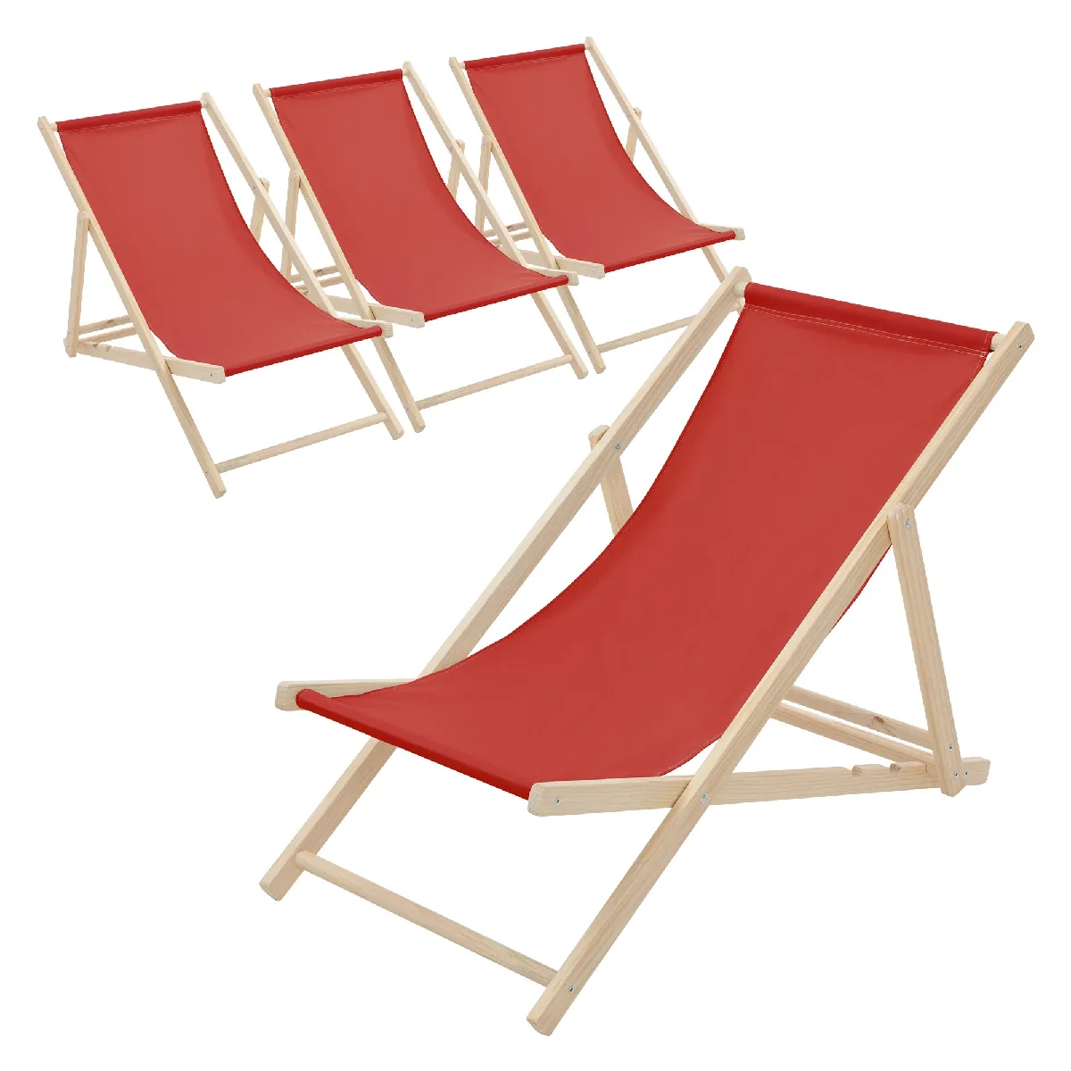 Lot de 4 chaises longue de jardin bain de soleil rouge cadre bois de pin 120 kg Lot de 4 chaises longue de jardin bain de soleil rouge cadre bois de pin 120 kg