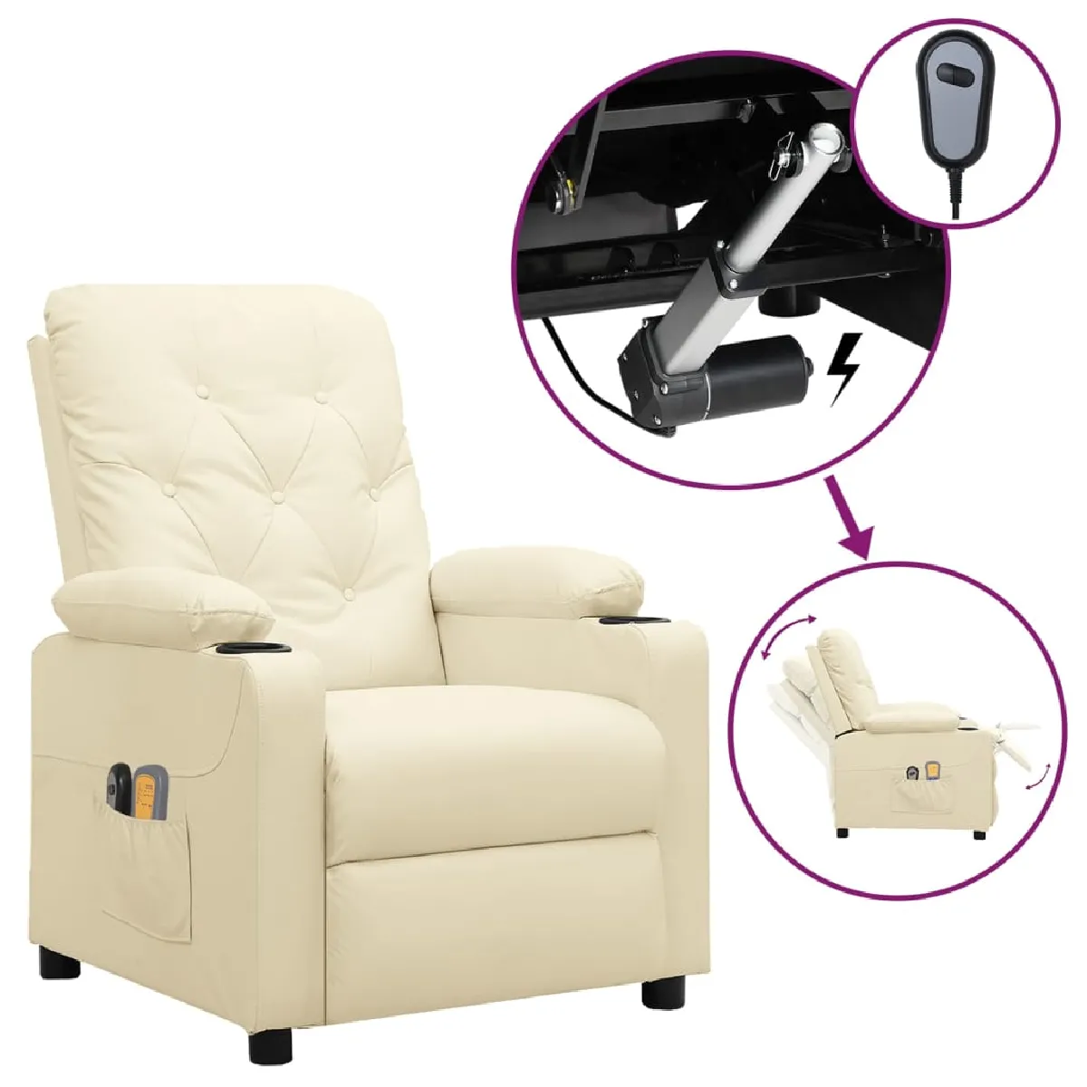 vidaXL Fauteuil de massage électrique Crème similicuir - vue 4