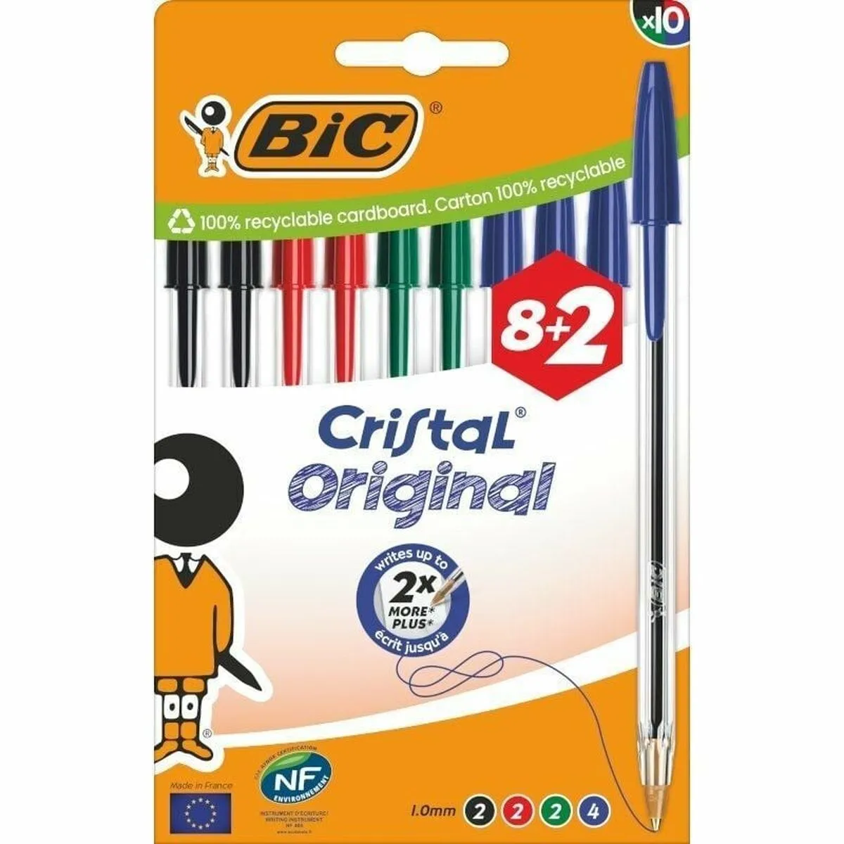 Bic CRISTAL ORIGINAL Stylos Bille Pointe Moyenne 1 mm Couleurs Assorties Boîte de 10