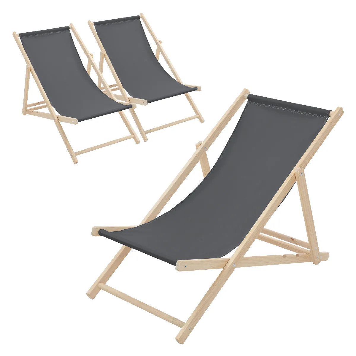 Lot de 3 chaises longue de jardin bain de soleil anthracite bois de pin 120 kg