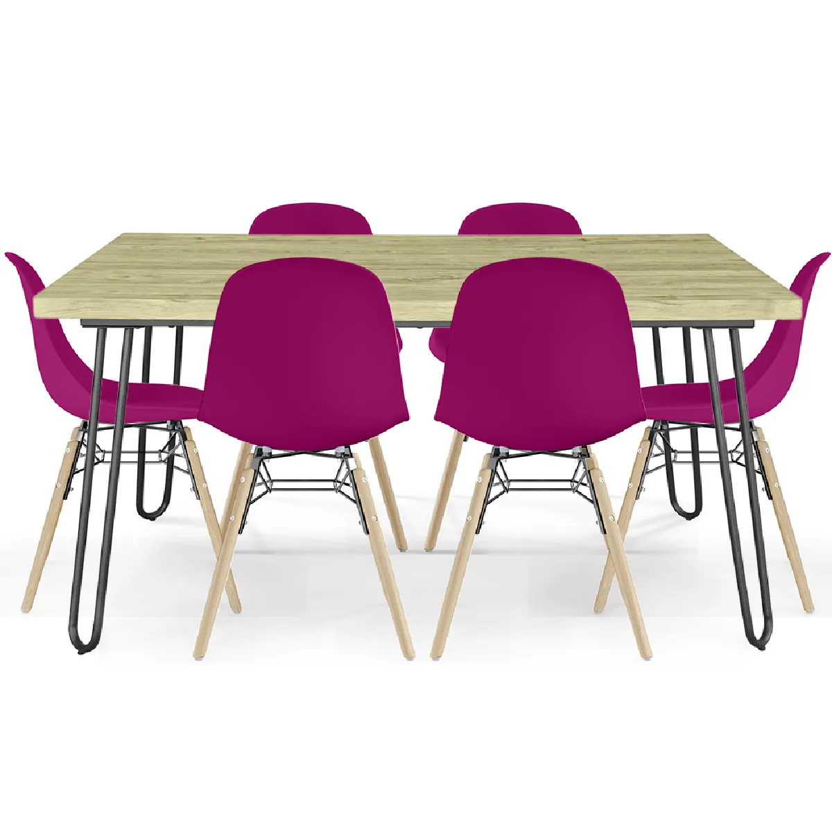 Pack Table Hairpin (90x150 cm) + 6 Chaises de Salle à Manger Nórdicas Skögur Mauve Pack Table Hairpin (90x150 cm) + 6 Chaises de Salle à Manger Nórdicas Skögur Mauve