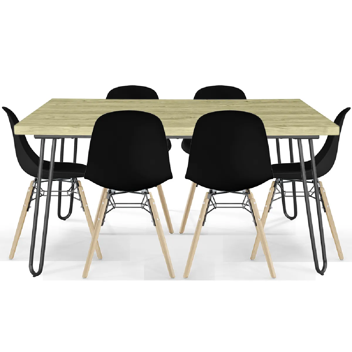 Pack Table Hairpin (90x150 cm) + 6 Chaises de Salle à Manger Nórdicas Skögur Noir Pack Table Hairpin (90x150 cm) + 6 Chaises de Salle à Manger Nórdicas Skögur Noir