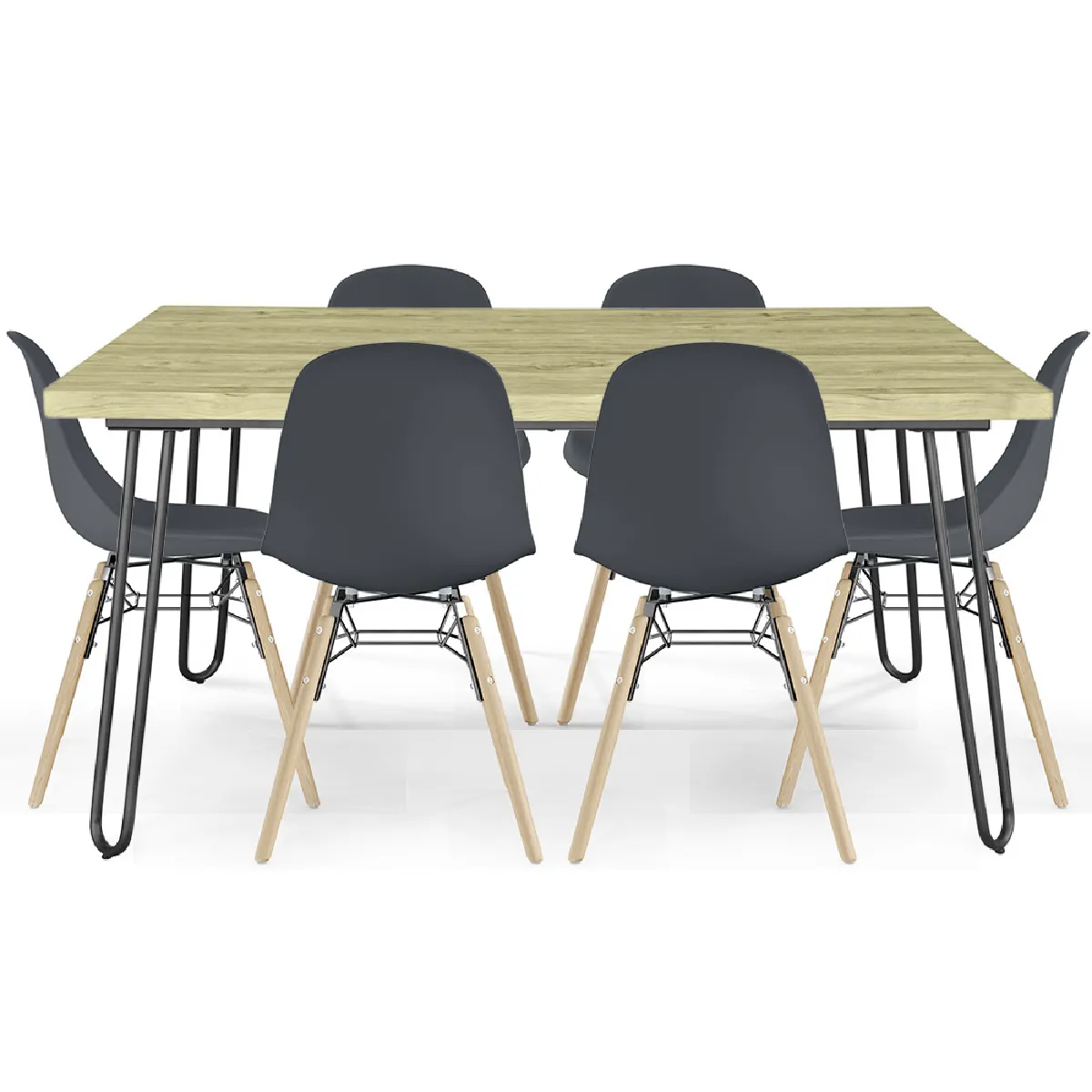 Pack Table Hairpin (90x150 cm) + 6 Chaises de Salle à Manger Nórdicas Skögur Gris foncé Pack Table Hairpin (90x150 cm) + 6 Chaises de Salle à Manger Nórdicas Skögur Gris foncé