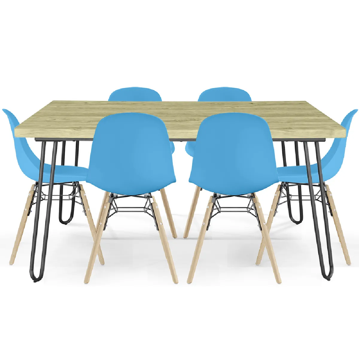 Pack Table Hairpin (90x150 cm) + 6 Chaises de Salle à Manger Nórdicas Skögur Bleu Pack Table Hairpin (90x150 cm) + 6 Chaises de Salle à Manger Nórdicas Skögur Bleu