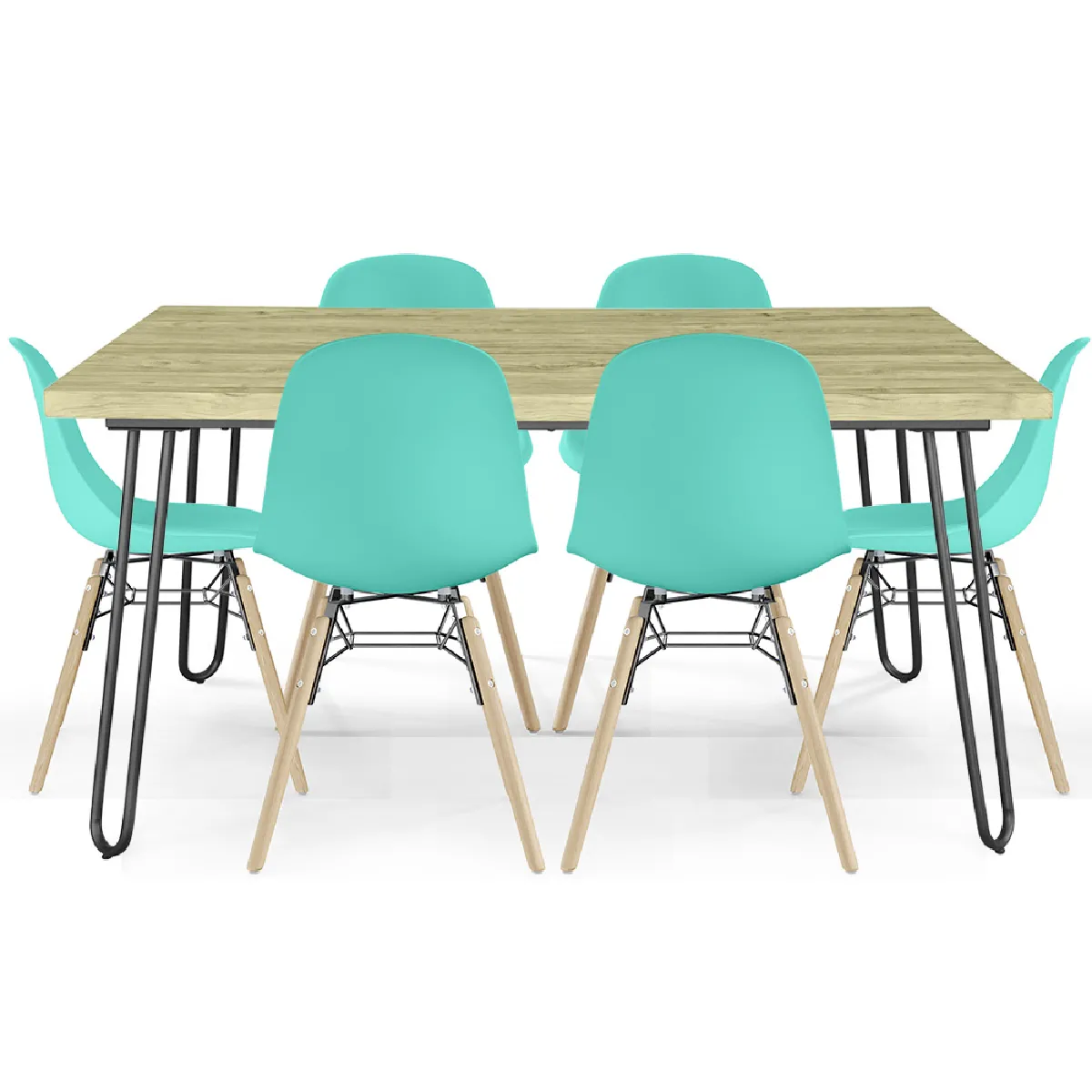 Pack Table Hairpin (90x150 cm) + 6 Chaises de Salle à Manger Nórdicas Skögur Turquoise Pack Table Hairpin (90x150 cm) + 6 Chaises de Salle à Manger Nórdicas Skögur Turquoise