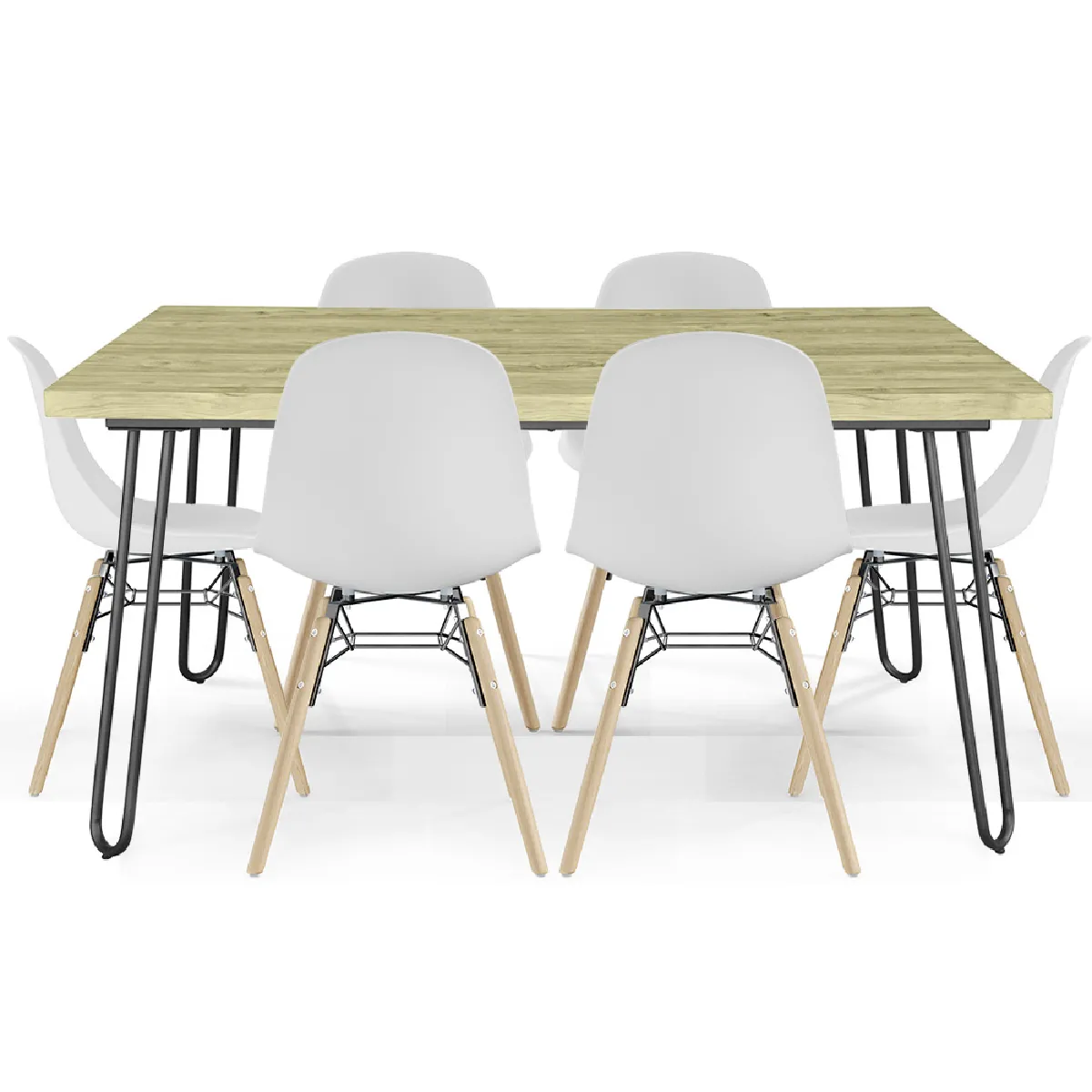 Pack Table Hairpin (90x150 cm) + 6 Chaises de Salle à Manger Nórdicas Skögur Blanc Pack Table Hairpin (90x150 cm) + 6 Chaises de Salle à Manger Nórdicas Skögur Blanc