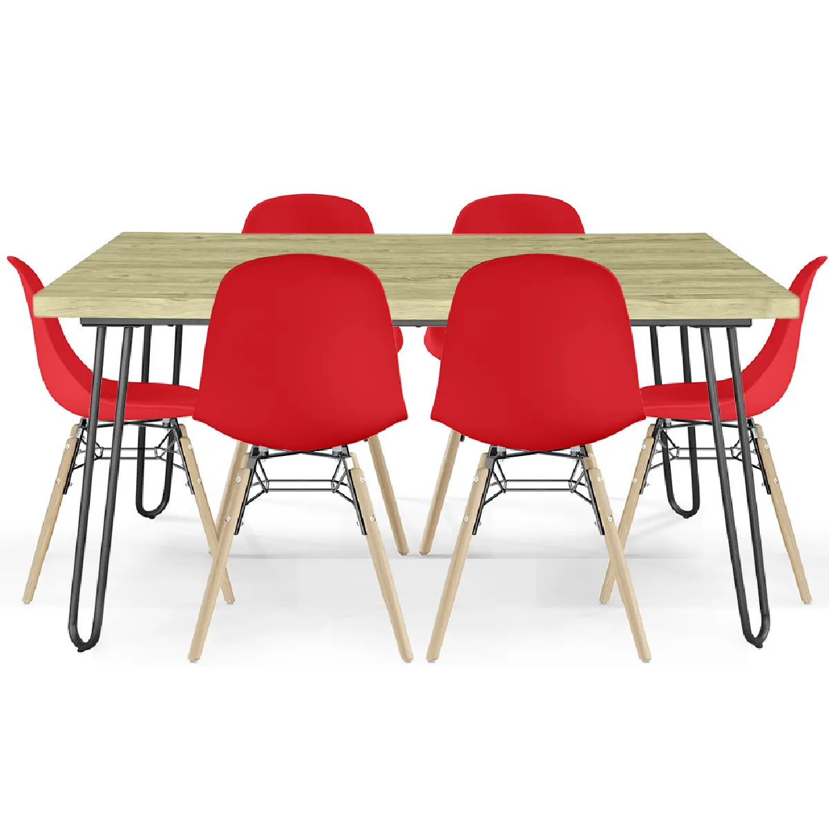 Pack Table Hairpin (90x150 cm) + 6 Chaises de Salle à Manger Nórdicas Skögur Rouge Pack Table Hairpin (90x150 cm) + 6 Chaises de Salle à Manger Nórdicas Skögur Rouge