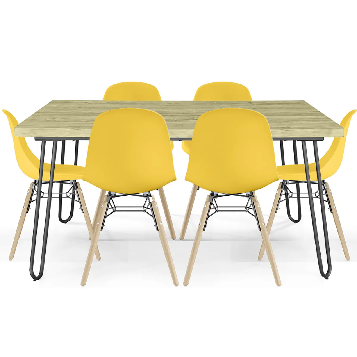Pack Table Hairpin (90x150 cm) + 6 Chaises de Salle à Manger Nórdicas Skögur Jaune Pack Table Hairpin (90x150 cm) + 6 Chaises de Salle à Manger Nórdicas Skögur Jaune