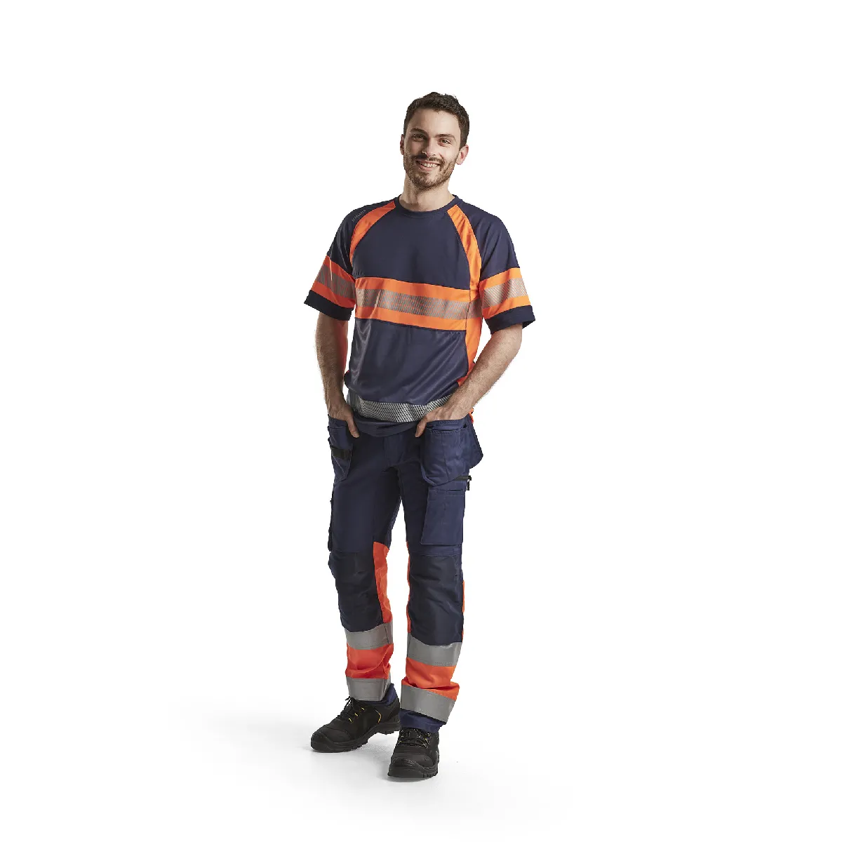 Blaklader Pantalon Artisan Haute-Visibilité +Stretch - Marine/Orange fluo