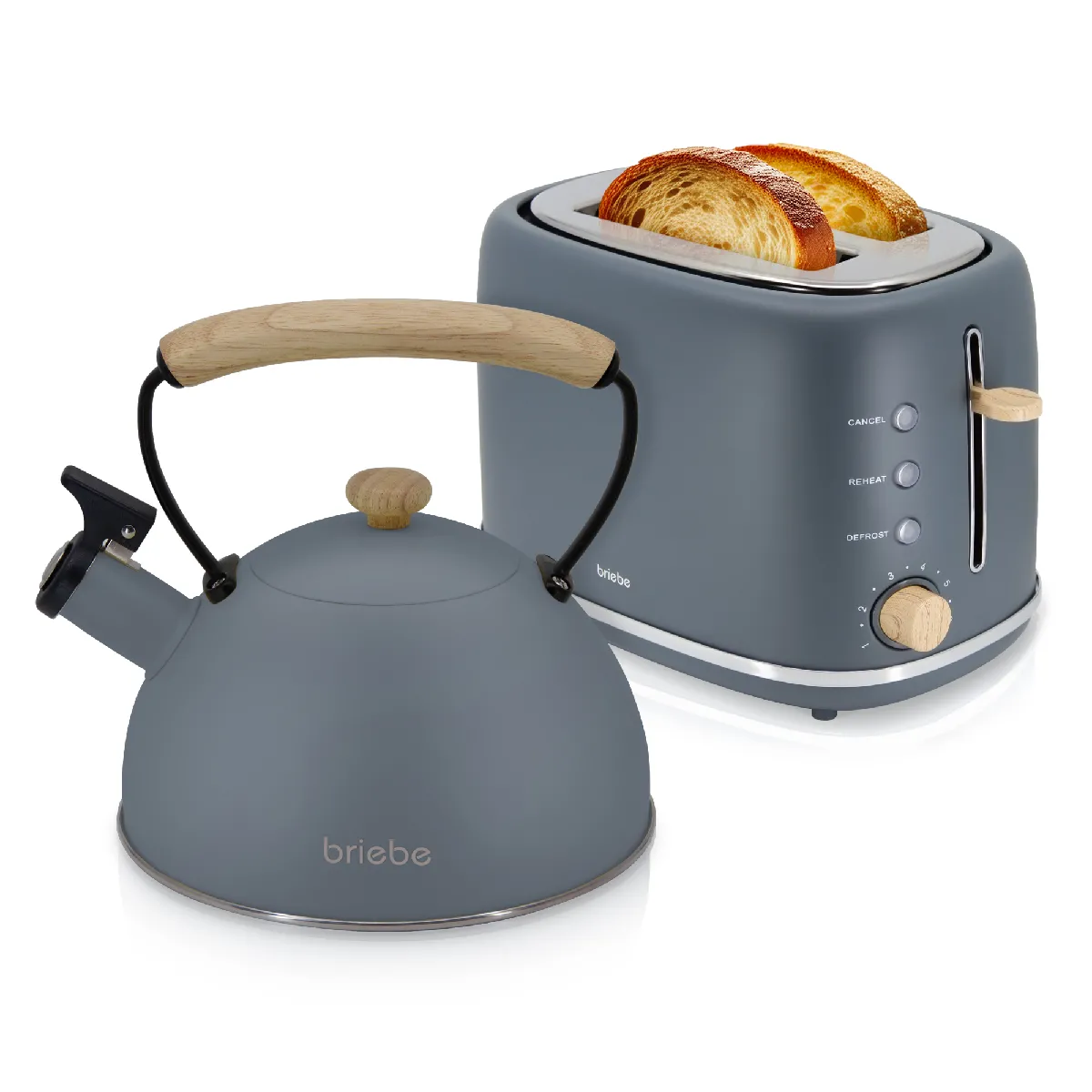 Briebe Gris Ensemble Petit Déjeuner Nordic Skt1177gry - Grille-Pain 2 Fentes, Bouilloire Sifflante Induction 2,3L - Image 3
