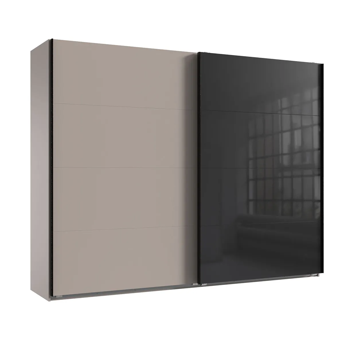 Armoire à portes coulissantes coloris Gris et verre coloris noir, rechampis graphite - Longueur 270 x Hauteur 208 x Profondeur 65 cm