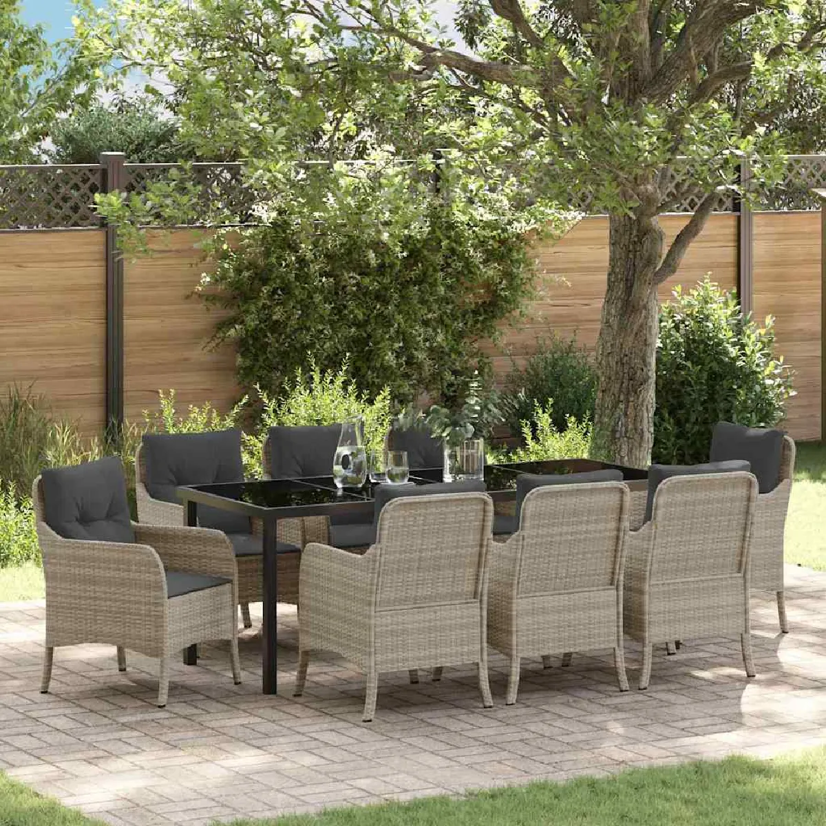 vidaXL Ensemble de dîner de jardin 9 pièces avec coussins Poly Rattan - vue 9