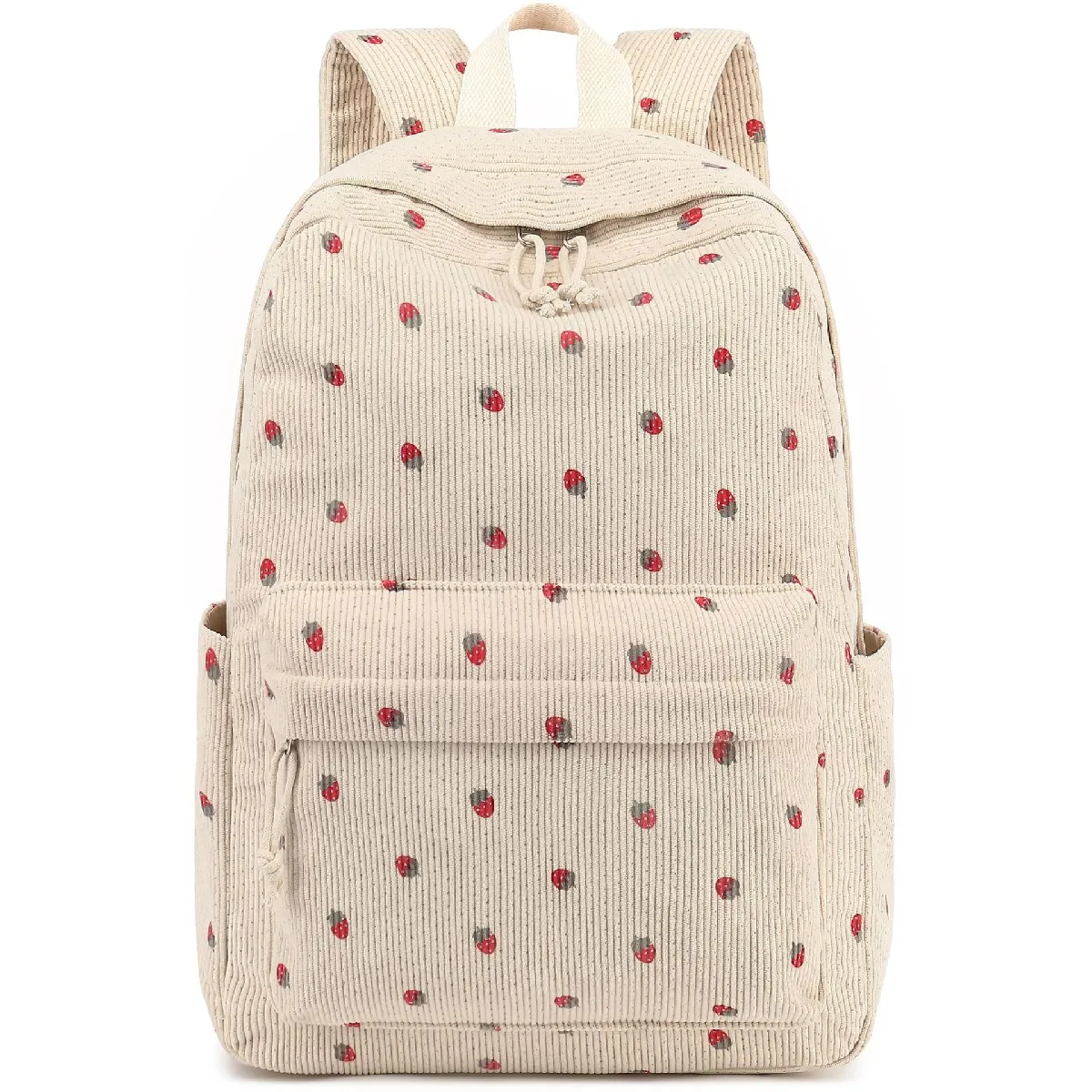 Sac à dos - Sac à dos fille en velours côtelé avec motif fraise, couleur beige - 45×15×30 cm
