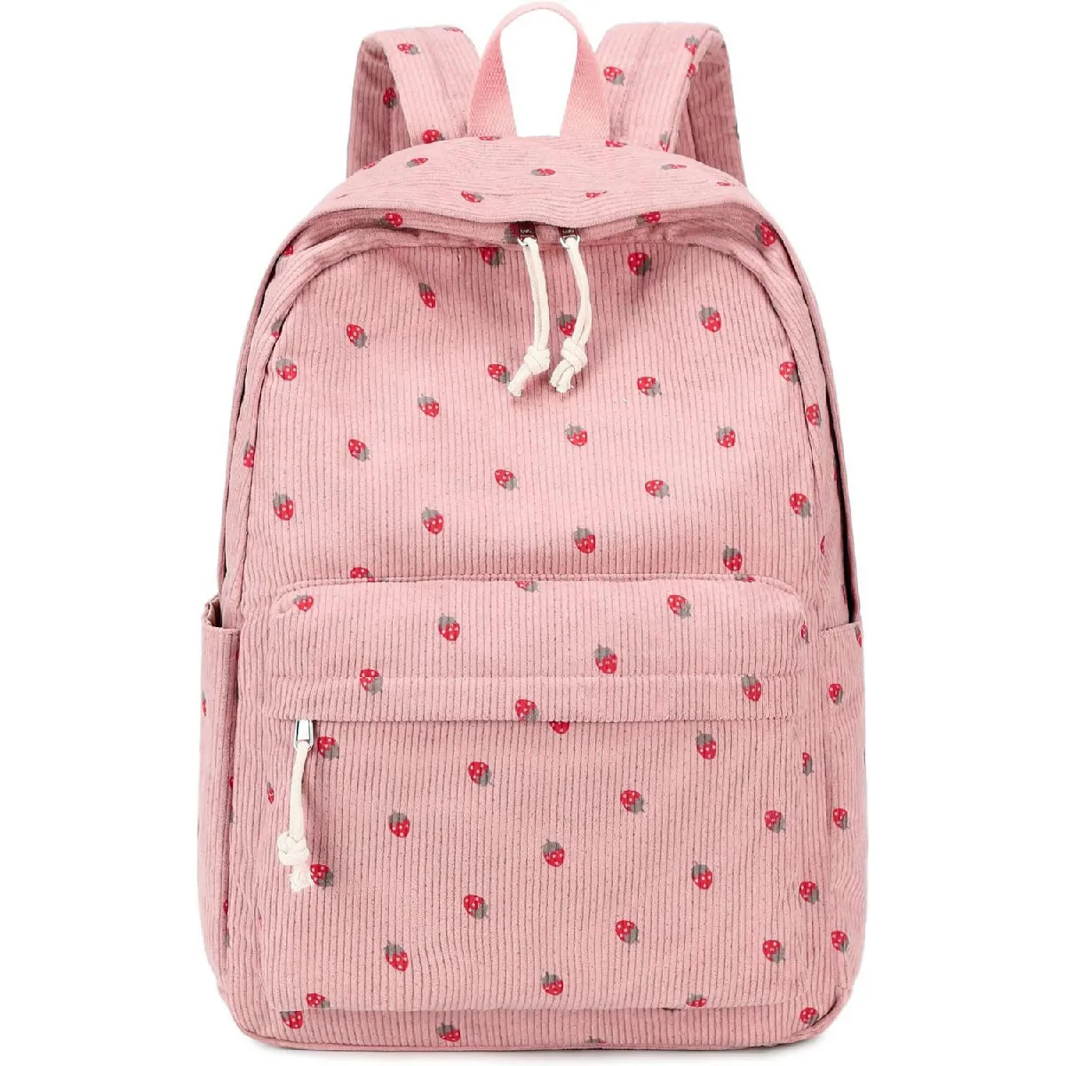 Sac à dos en velours côtelé pour fille - Sac à dos rose avec motif fraise, 45×15×30 cm