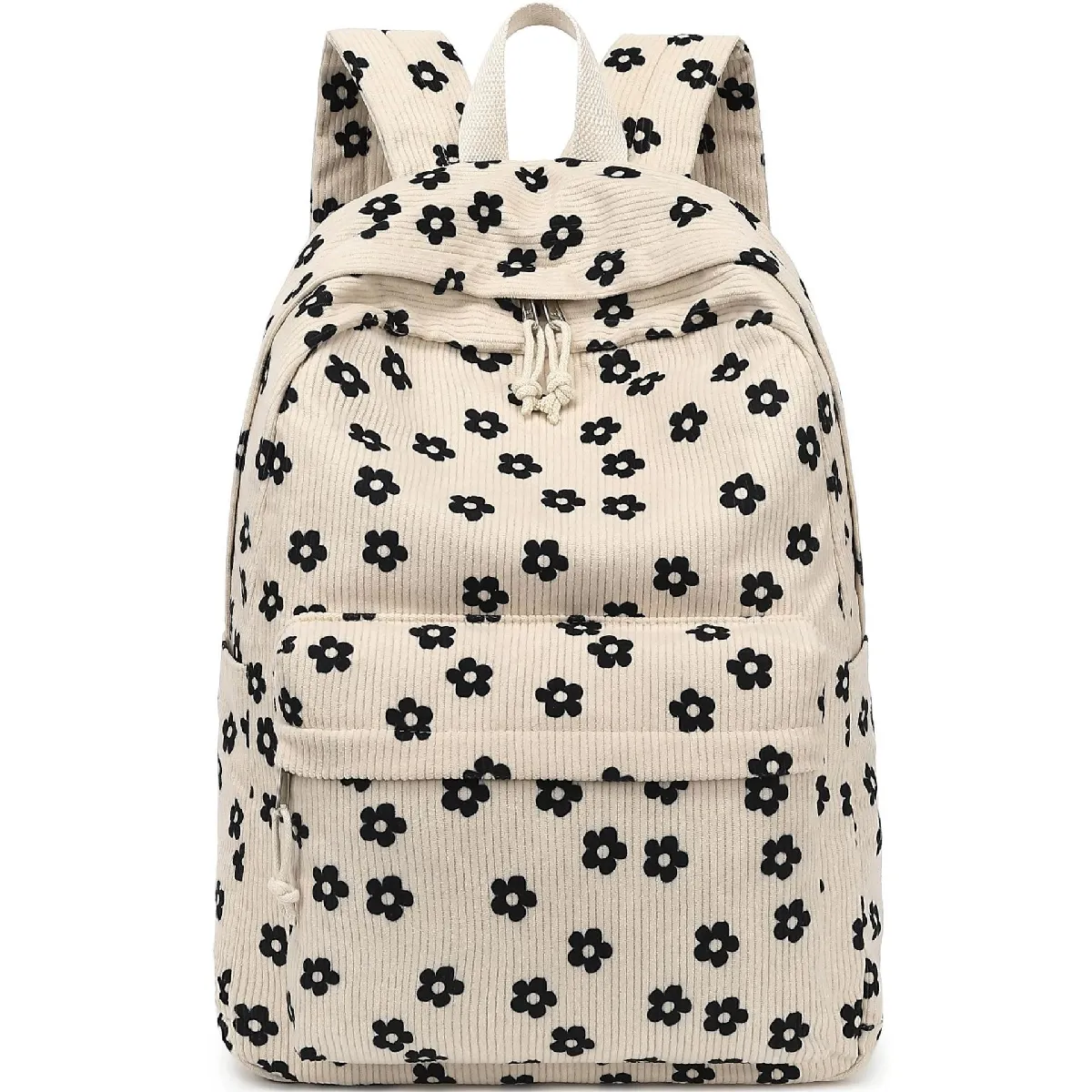 Sac à dos pour fille en velours côtelé à motifs de fleurs - Sac à dos beige, 45×15×30 cm