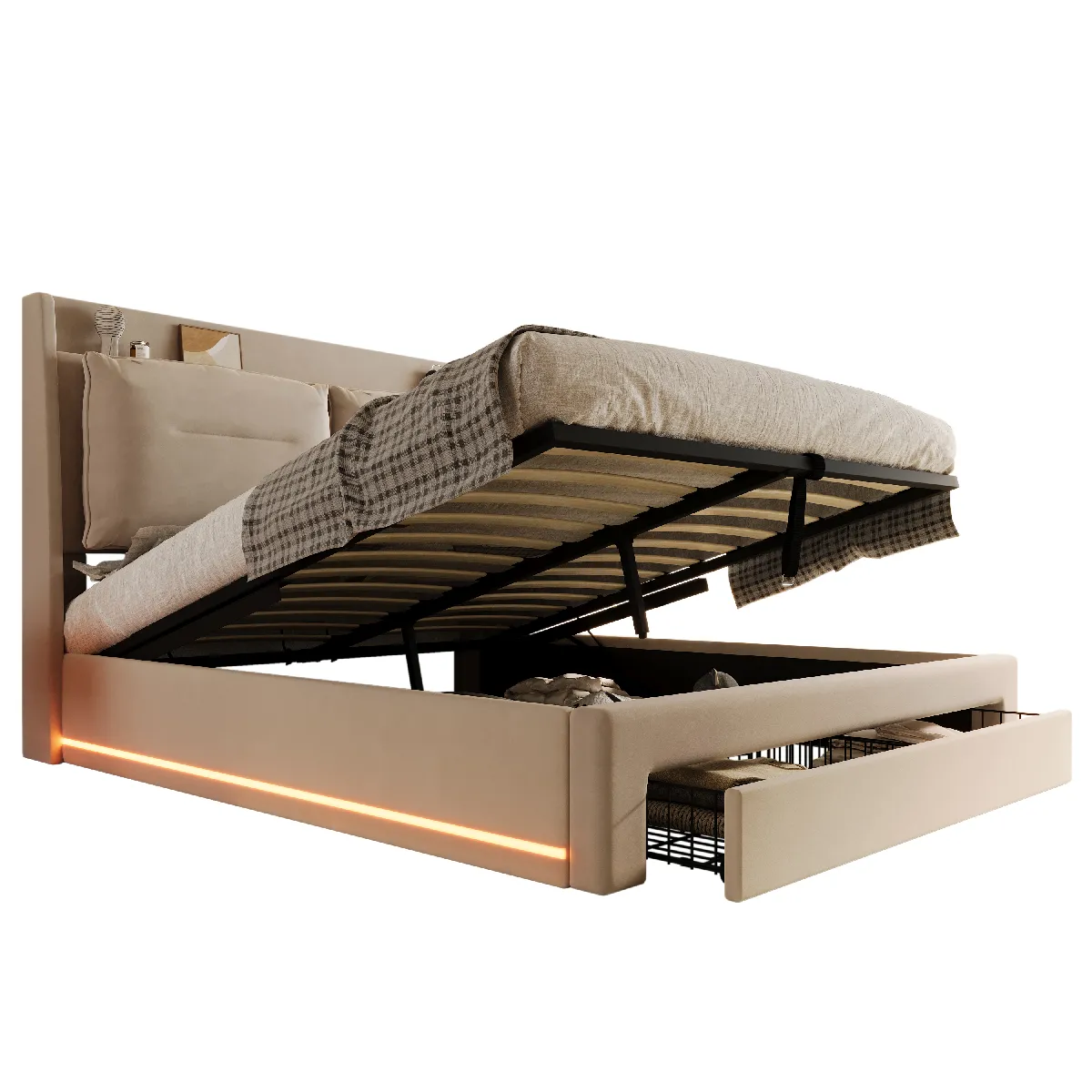 Lit Coffre 160x200 Cm Avec Rangement Hydraulique - Tête De Lit Rembourrée, Sommier à Lattes - Beige Lin, Style Moderne - Pour Adulte Et Adolescent